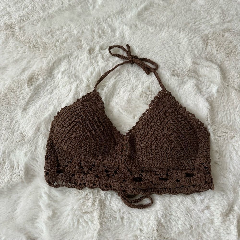 Brown knit halter top with laced back - Picture 2 of 5